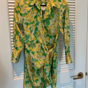 Silk wrap shirt dress with vintage pattern
